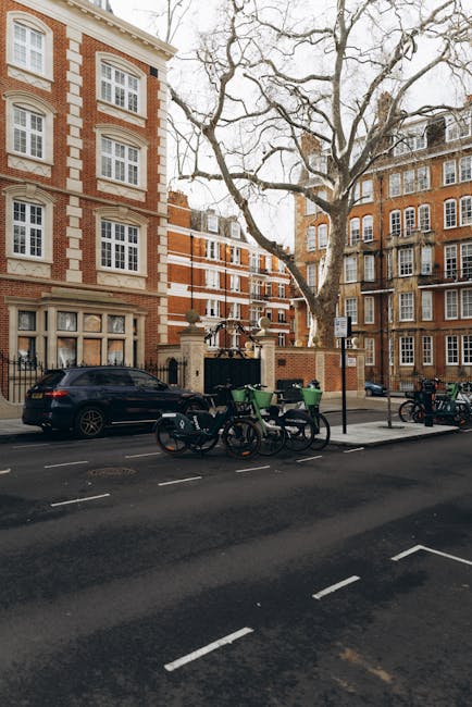 The image depicts a street scene outside a historic, multi-storey red brick building with white-framed windows and decorative stone trim, located in Berkeley Square, Mayfair. A large, leafless tree with prominent branches extends across the scene, casting shadows on the pavement. Parked along the curb are a black car and several green bicycles, some geared with baskets, locked to bike racks. Near the building's entrance, which is gated with stone pillars and decorative urns, there are cardboard moving boxes stacked on the sidewalk, suggesting recent or upcoming home relocation activity. A loading area adjacent to the building shows a red van, part of a professional moving service, Mayfair Movers, actively engaged in furniture transport or packing and moving operations. The scene is illuminated by natural daylight, highlighting the urban environment and the logistical aspect of house removals, with visible surroundings including street signage and pavement markings indicating a regulated parking zone.